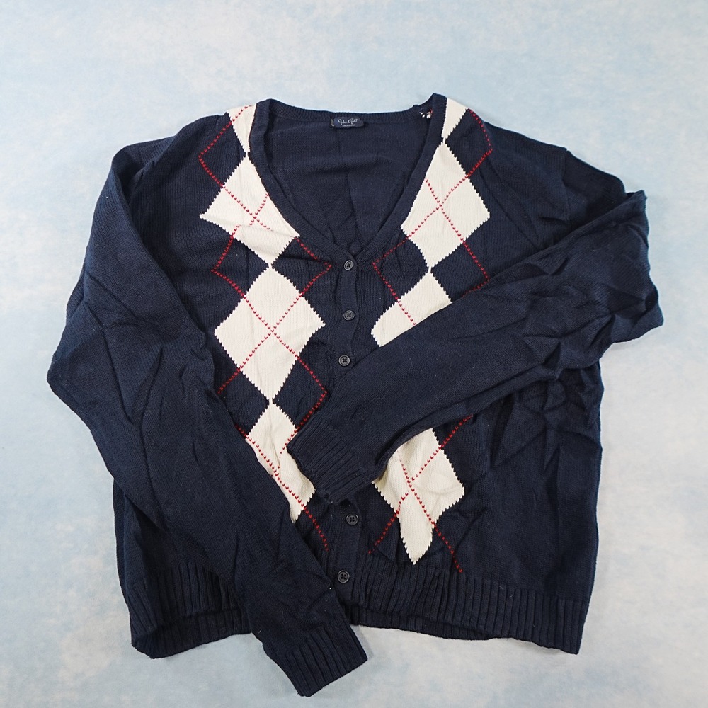 John Galt Brandy Melville Navy Blue Argyle V-Neck Cardigan Sweater One Size